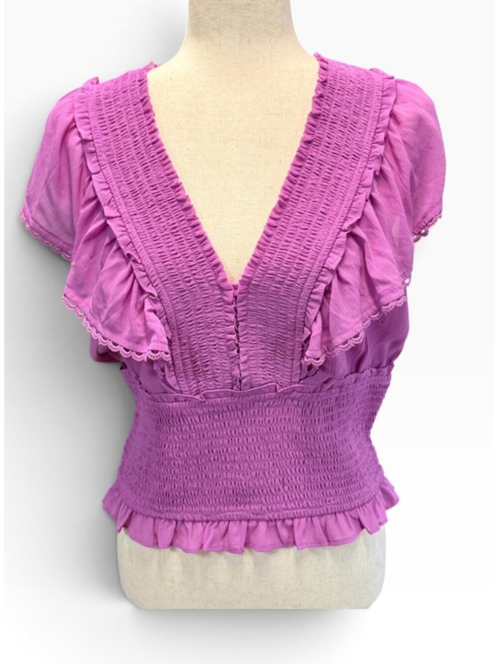 Jessica Simpson Ruffle Printed Smock Waist Blouse~Size L~Purple NWT L18 22